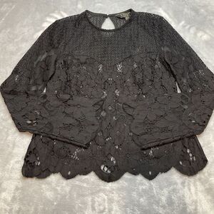 Lipsy London Lace Boho Blouse Top Womens 2 Black Long Bell Sleeve Scalloped Hem